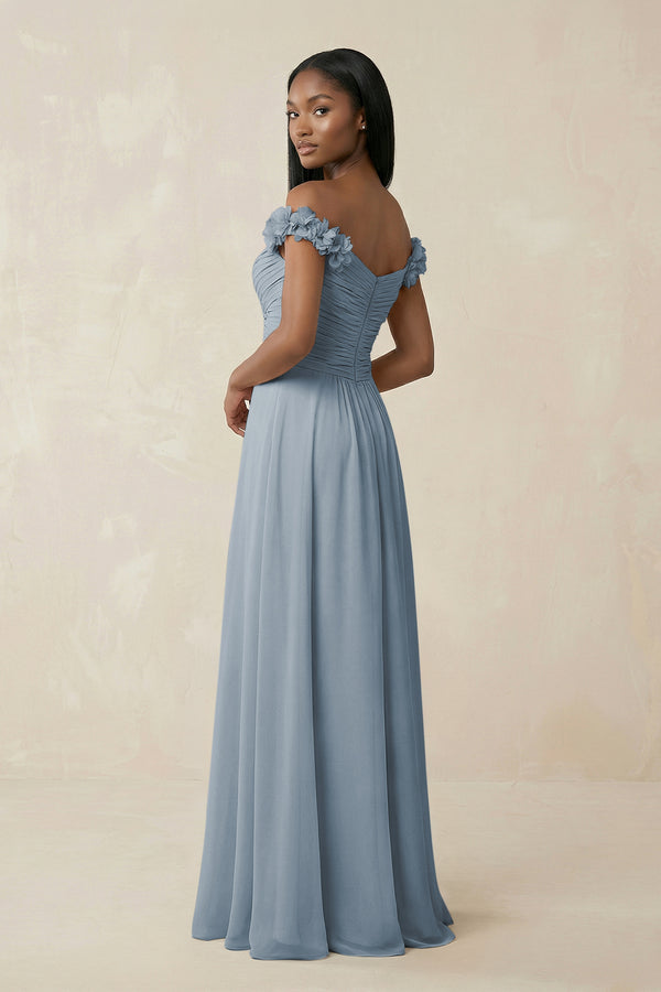 Pleated Off-the-Shoulder A-Line Chiffon Bridesmaid Dress in Dusty Blue (2) | KISSBRIDAL