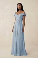 Pleated Off - the - Shoulder A - Line Chiffon Bridesmaid Dress in Dusty Blue - SHE IS ME Bridesmaid Dresses