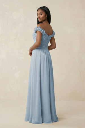 Pleated Off - the - Shoulder A - Line Chiffon Bridesmaid Dress in Dusty Blue - SHE IS ME Bridesmaid Dresses