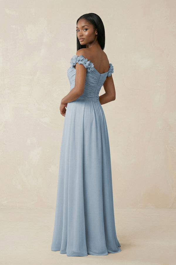 Pleated Off - the - Shoulder A - Line Chiffon Bridesmaid Dress in Dusty Blue - SHE IS ME Bridesmaid Dresses