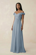 Pleated Off-the-Shoulder A-Line Chiffon Bridesmaid Dress in Dusty Blue | KISSBRIDAL