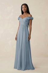 Pleated Off-the-Shoulder A-Line Chiffon Bridesmaid Dress in Dusty Blue | KISSBRIDAL