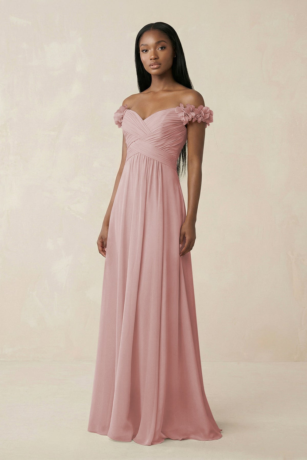 Pleated Off - the - Shoulder A - Line Chiffon Bridesmaid Dress in Dusty Rose - SHE IS ME Bridesmaid Dresses
