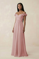 Pleated Off - the - Shoulder A - Line Chiffon Bridesmaid Dress in Dusty Rose - SHE IS ME Bridesmaid Dresses