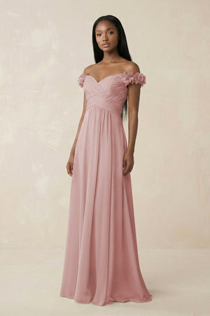 Pleated Off - the - Shoulder A - Line Chiffon Bridesmaid Dress in Dusty Rose - SHE IS ME Bridesmaid Dresses