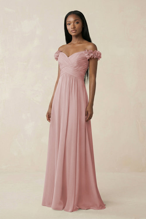 Pleated Off - the - Shoulder A - Line Chiffon Bridesmaid Dress in Dusty Rose - SHE IS ME Bridesmaid Dresses