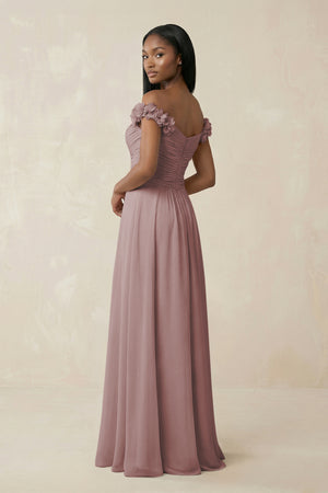 Pleated Off-the-Shoulder A-Line Chiffon Bridesmaid Dress in Dusty Rose (2) | KISSBRIDAL