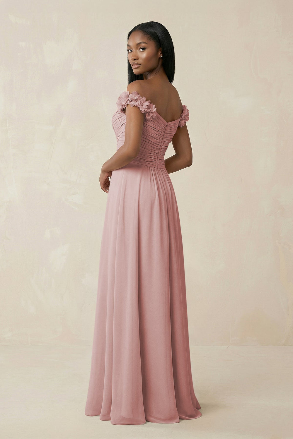 Pleated Off - the - Shoulder A - Line Chiffon Bridesmaid Dress in Dusty Rose - SHE IS ME Bridesmaid Dresses