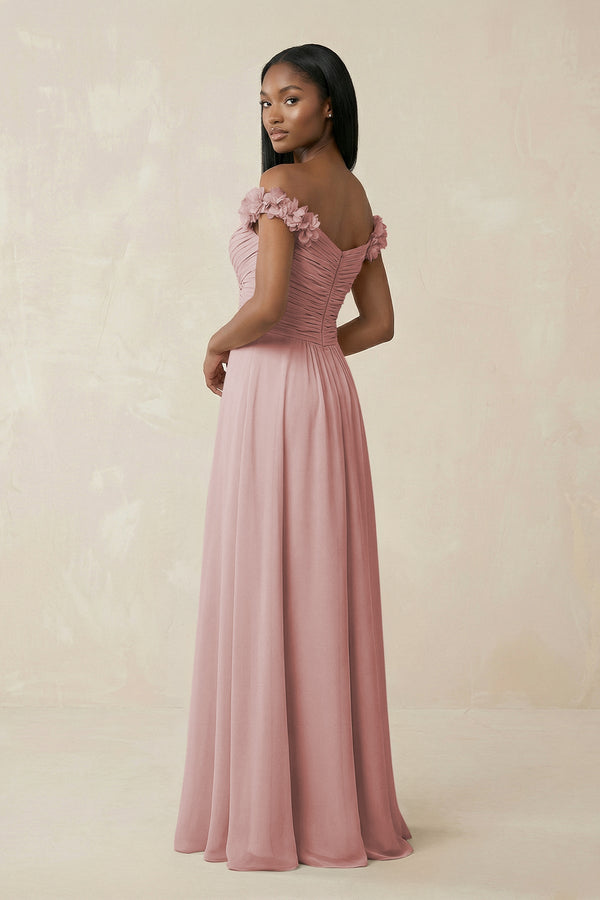 Pleated Off - the - Shoulder A - Line Chiffon Bridesmaid Dress in Dusty Rose - SHE IS ME Bridesmaid Dresses