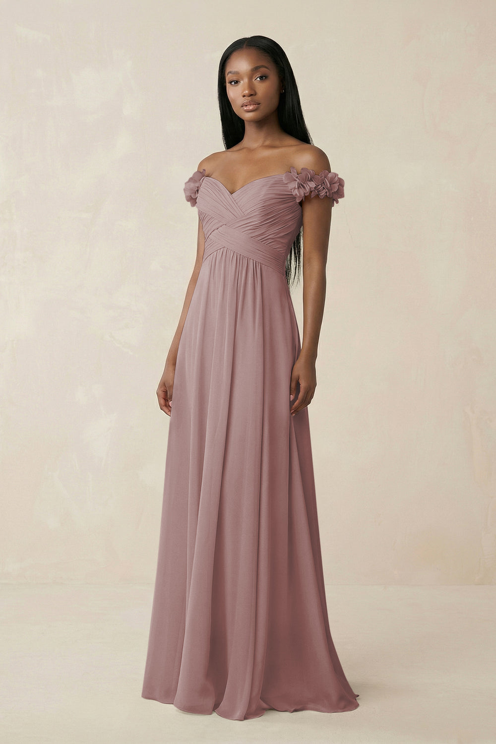 Pleated Off-the-Shoulder A-Line Chiffon Bridesmaid Dress in Dusty Rose