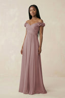 Pleated Off-the-Shoulder A-Line Chiffon Bridesmaid Dress in Dusty Rose | KISSBRIDAL