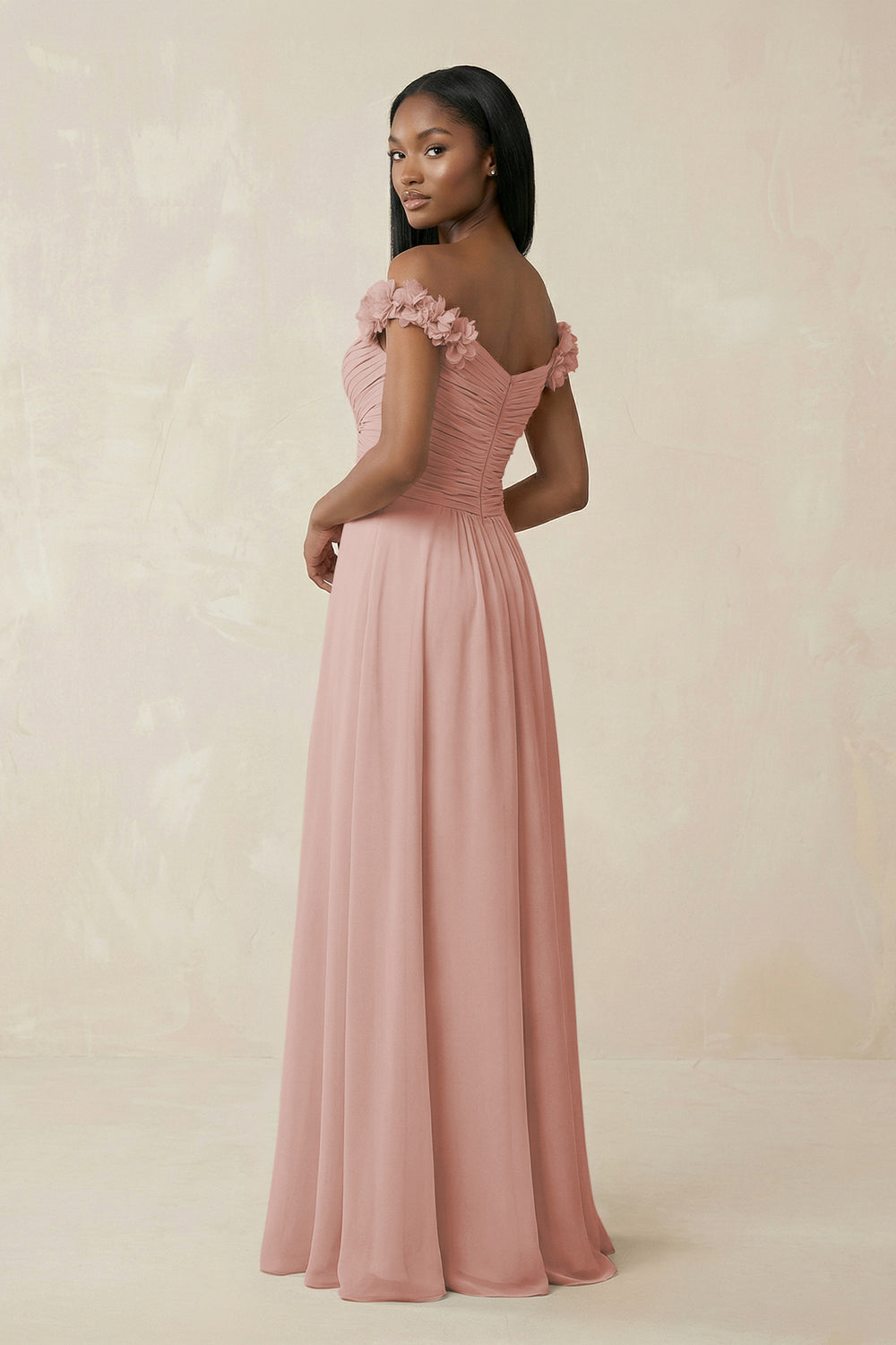 Pleated Off-the-Shoulder A-Line Chiffon Bridesmaid Dress in English Rose