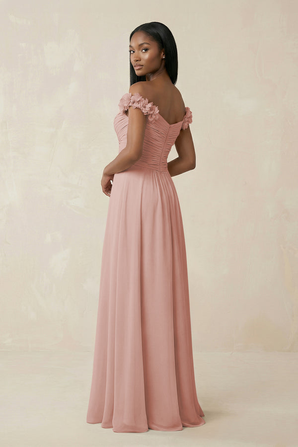 Pleated Off-the-Shoulder A-Line Chiffon Bridesmaid Dress in English Rose (2) | KISSBRIDAL