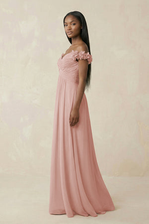 Pleated Off-the-Shoulder A-Line Chiffon Bridesmaid Dress in English Rose (3) | KISSBRIDAL