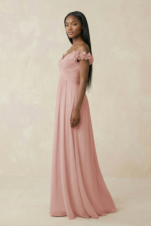 Pleated Off-the-Shoulder A-Line Chiffon Bridesmaid Dress in English Rose (3) | KISSBRIDAL