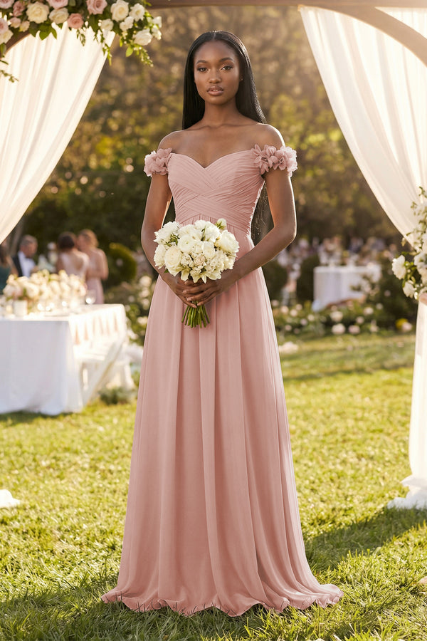 Pleated Off-the-Shoulder A-Line Chiffon Bridesmaid Dress in English Rose (4) | KISSBRIDAL