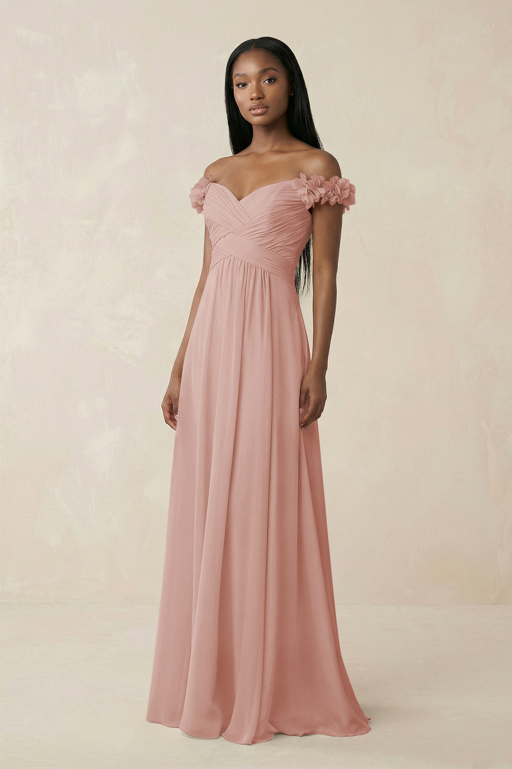 Pleated Off-the-Shoulder A-Line Chiffon Bridesmaid Dress in English Rose
