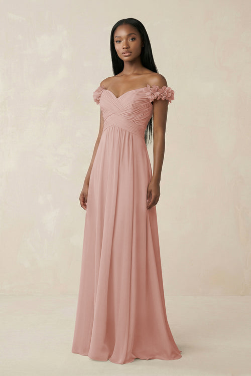 Pleated Off-the-Shoulder A-Line Chiffon Bridesmaid Dress in English Rose | KISSBRIDAL