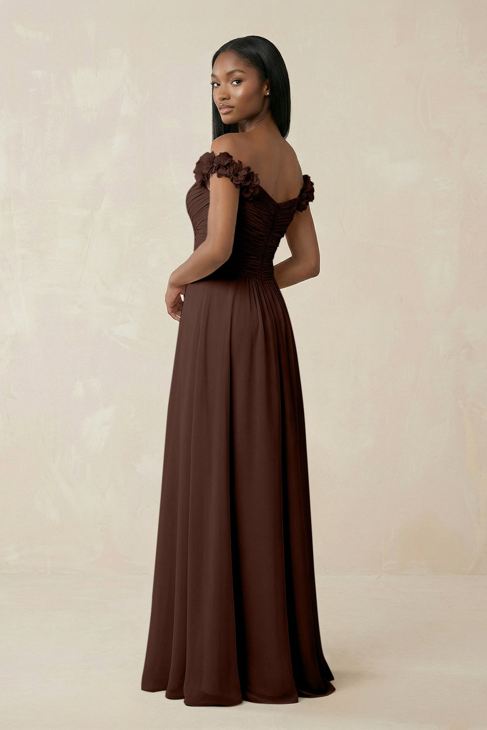 Pleated Off - the - Shoulder A - Line Chiffon Bridesmaid Dress in Espresso - SHE IS ME Bridesmaid Dresses