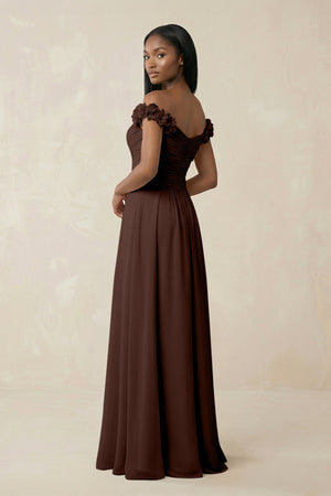 Pleated Off - the - Shoulder A - Line Chiffon Bridesmaid Dress in Espresso - SHE IS ME Bridesmaid Dresses