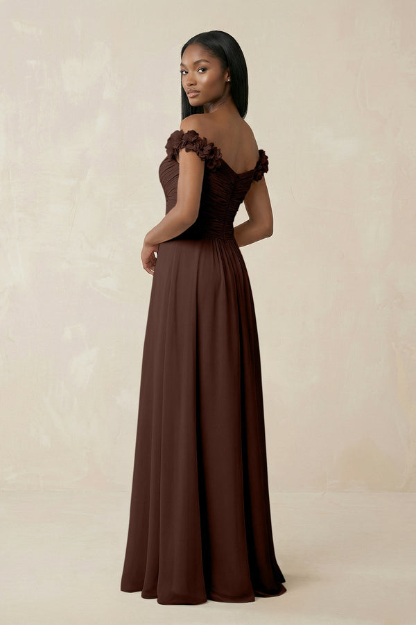 Pleated Off - the - Shoulder A - Line Chiffon Bridesmaid Dress in Espresso - SHE IS ME Bridesmaid Dresses