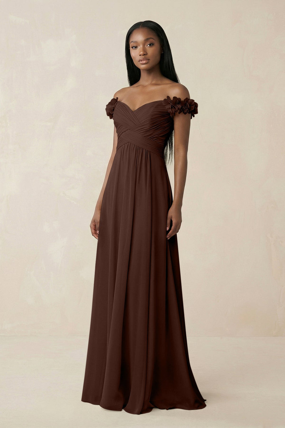 Pleated Off - the - Shoulder A - Line Chiffon Bridesmaid Dress in Espresso - SHE IS ME Bridesmaid Dresses