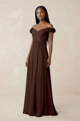 Pleated Off - the - Shoulder A - Line Chiffon Bridesmaid Dress in Espresso - KISS BRIDAL Bridesmaid Dresses