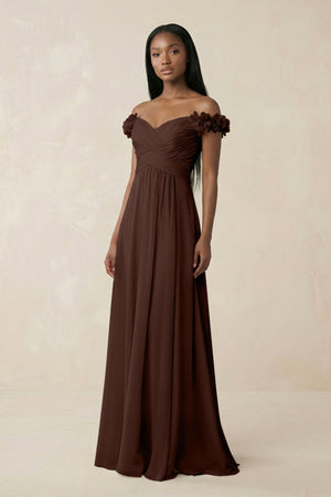 Pleated Off - the - Shoulder A - Line Chiffon Bridesmaid Dress in Espresso - SHE IS ME Bridesmaid Dresses
