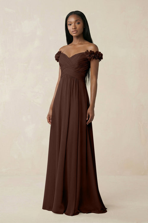Pleated Off - the - Shoulder A - Line Chiffon Bridesmaid Dress in Espresso - SHE IS ME Bridesmaid Dresses