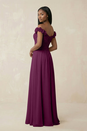Pleated Off - the - Shoulder A - Line Chiffon Bridesmaid Dress in Fig - SHE IS ME Bridesmaid Dresses