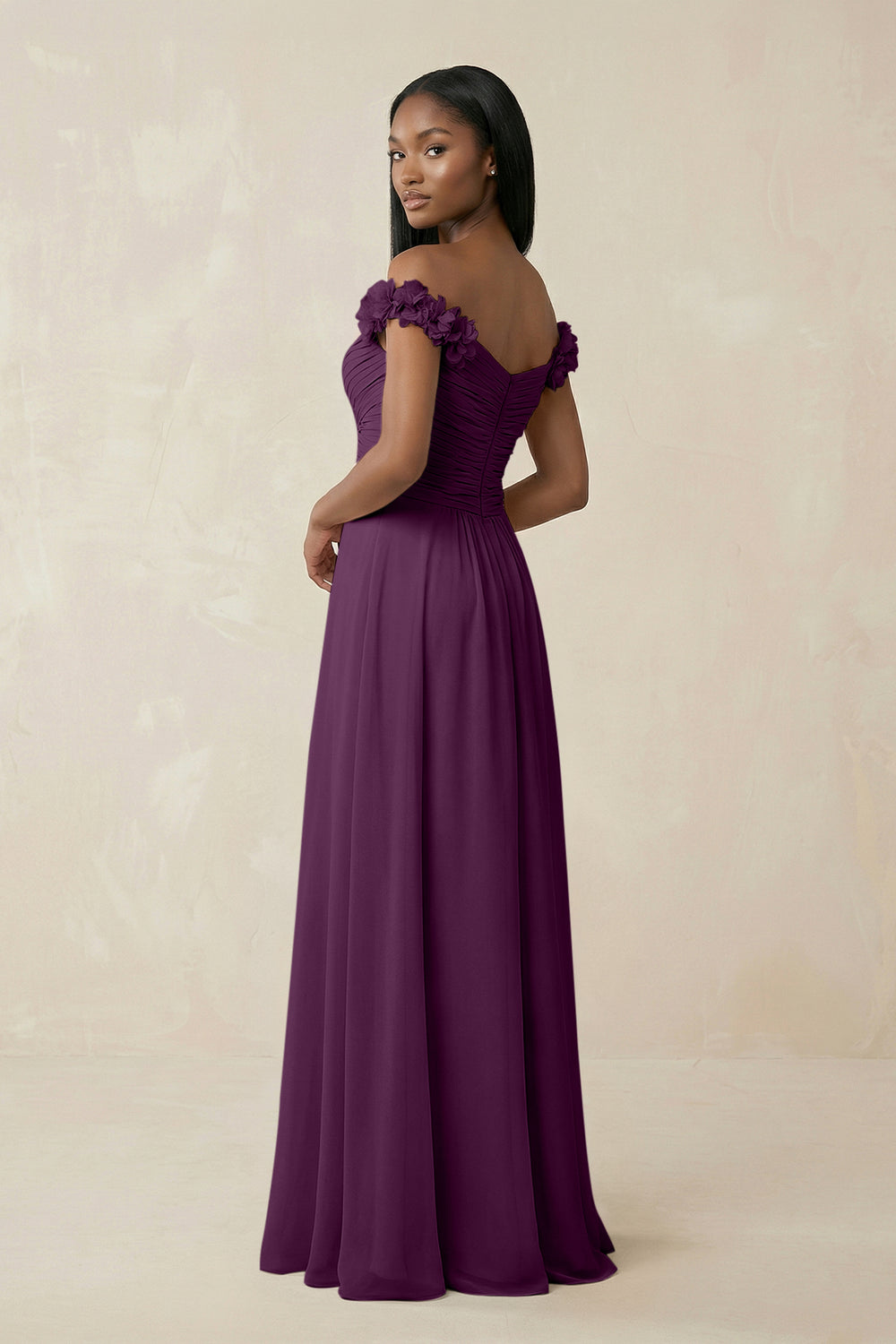 Pleated Off-the-Shoulder A-Line Chiffon Bridesmaid Dress in Fig