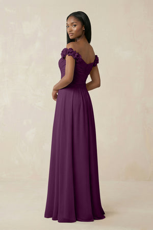 Pleated Off-the-Shoulder A-Line Chiffon Bridesmaid Dress in Fig (2) | KISSBRIDAL