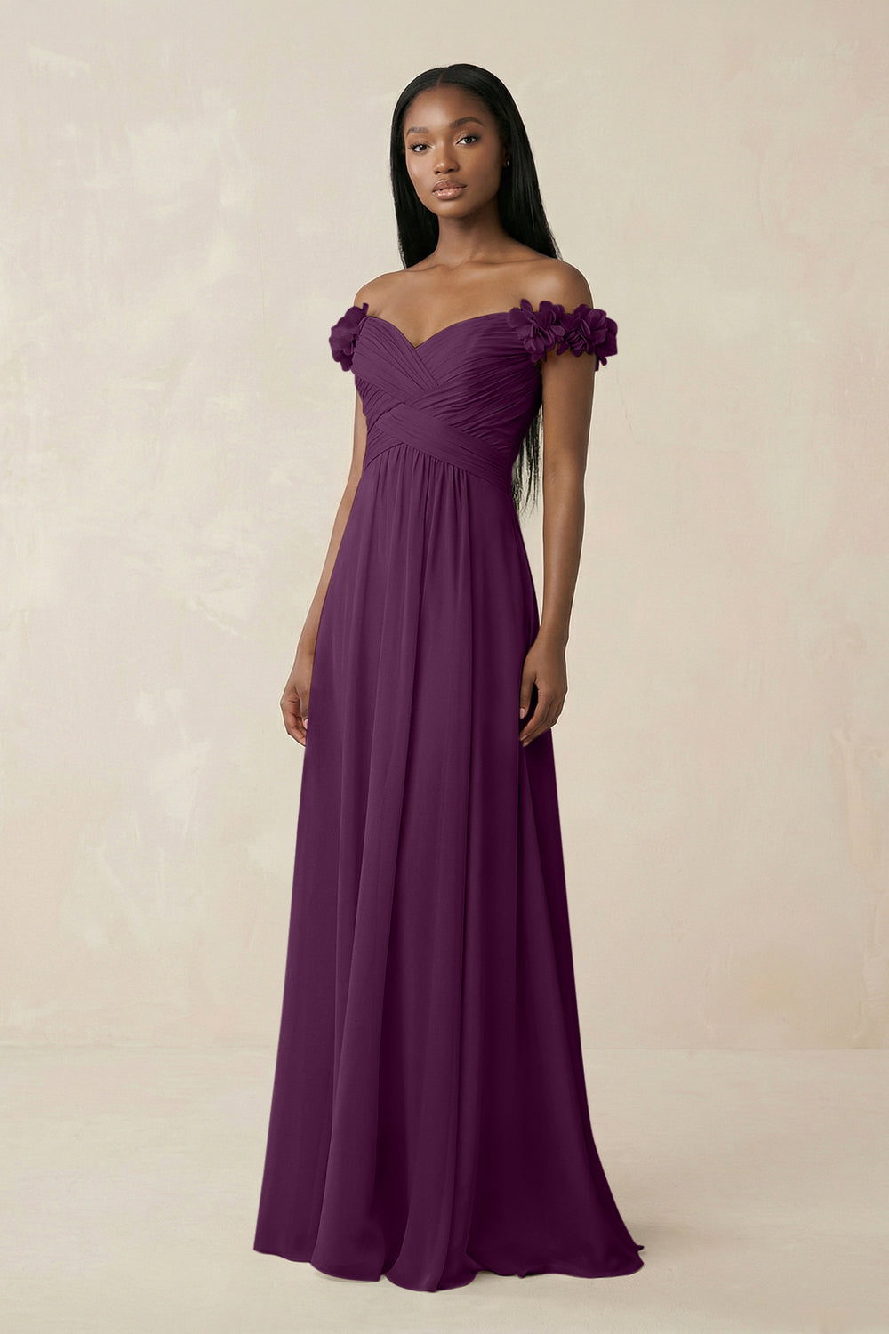 Pleated Off-the-Shoulder A-Line Chiffon Bridesmaid Dress in Fig
