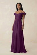 Pleated Off-the-Shoulder A-Line Chiffon Bridesmaid Dress in Fig | KISSBRIDAL