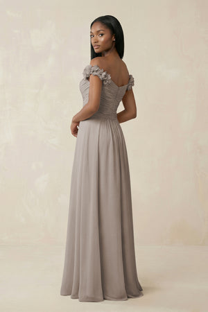 Pleated Off-the-Shoulder A-Line Chiffon Bridesmaid Dress in Frost (2) | KISSBRIDAL