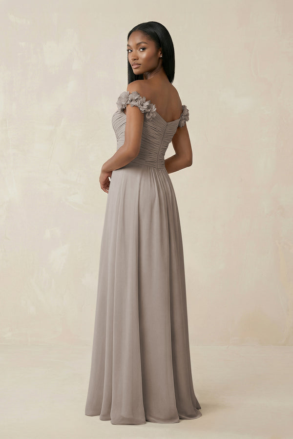 Pleated Off-the-Shoulder A-Line Chiffon Bridesmaid Dress in Frost (2) | KISSBRIDAL