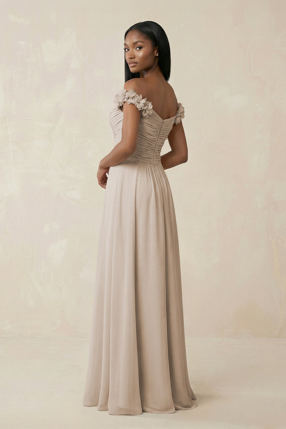 Pleated Off - the - Shoulder A - Line Chiffon Bridesmaid Dress in Frost - KISS BRIDAL Bridesmaid Dresses