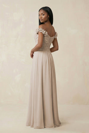 Pleated Off - the - Shoulder A - Line Chiffon Bridesmaid Dress in Frost - SHE IS ME Bridesmaid Dresses