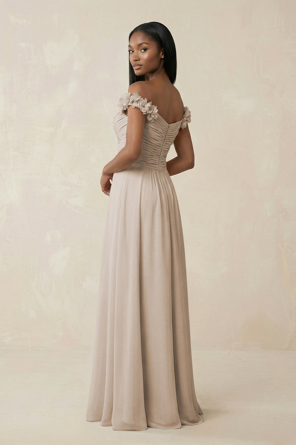 Pleated Off - the - Shoulder A - Line Chiffon Bridesmaid Dress in Frost - SHE IS ME Bridesmaid Dresses