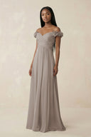 Pleated Off-the-Shoulder A-Line Chiffon Bridesmaid Dress in Frost | KISSBRIDAL