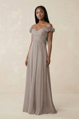 Pleated Off-the-Shoulder A-Line Chiffon Bridesmaid Dress in Frost | KISSBRIDAL