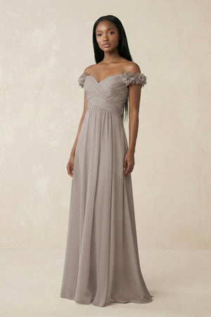 Pleated Off-the-Shoulder A-Line Chiffon Bridesmaid Dress in Frost | KISSBRIDAL