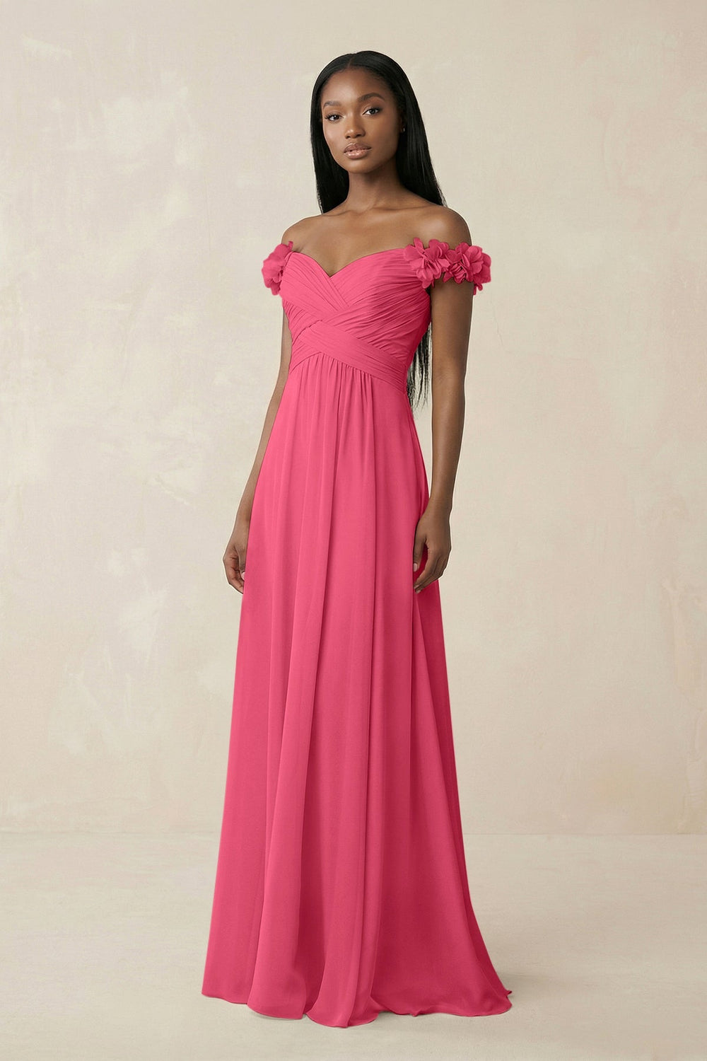 Pleated Off - the - Shoulder A - Line Chiffon Bridesmaid Dress in Fuchsia - SHE IS ME Bridesmaid Dresses