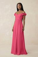 Pleated Off - the - Shoulder A - Line Chiffon Bridesmaid Dress in Fuchsia - SHE IS ME Bridesmaid Dresses