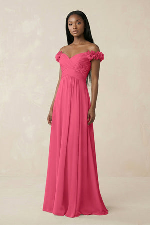 Pleated Off - the - Shoulder A - Line Chiffon Bridesmaid Dress in Fuchsia - SHE IS ME Bridesmaid Dresses