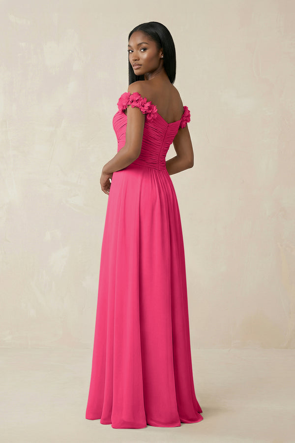 Pleated Off-the-Shoulder A-Line Chiffon Bridesmaid Dress in Fuchsia (2) | KISSBRIDAL