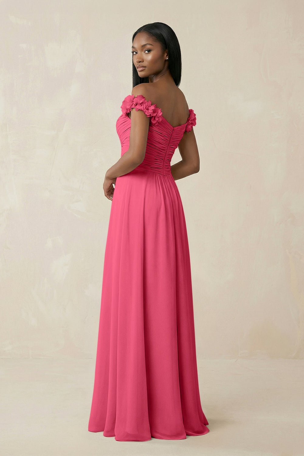 Pleated Off - the - Shoulder A - Line Chiffon Bridesmaid Dress in Fuchsia - SHE IS ME Bridesmaid Dresses