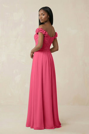 Pleated Off - the - Shoulder A - Line Chiffon Bridesmaid Dress in Fuchsia - SHE IS ME Bridesmaid Dresses