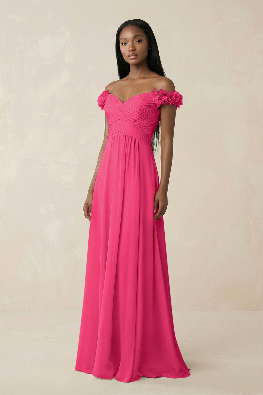Pleated Off-the-Shoulder A-Line Chiffon Bridesmaid Dress in Fuchsia