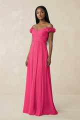 Pleated Off-the-Shoulder A-Line Chiffon Bridesmaid Dress in Fuchsia | KISSBRIDAL